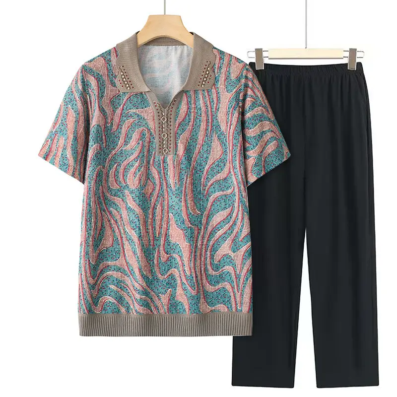 Middle-aged Elderly Summer T-shirt Knitted Green Leaf Pattern Black Pants - Image 10