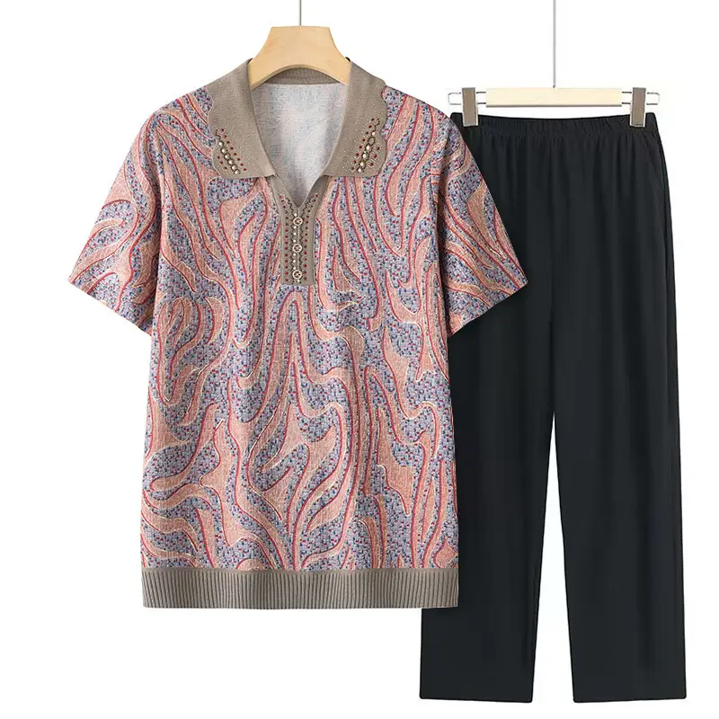 Middle-aged Elderly Summer T-shirt Knitted Green Leaf Pattern Black Pants - Image 14