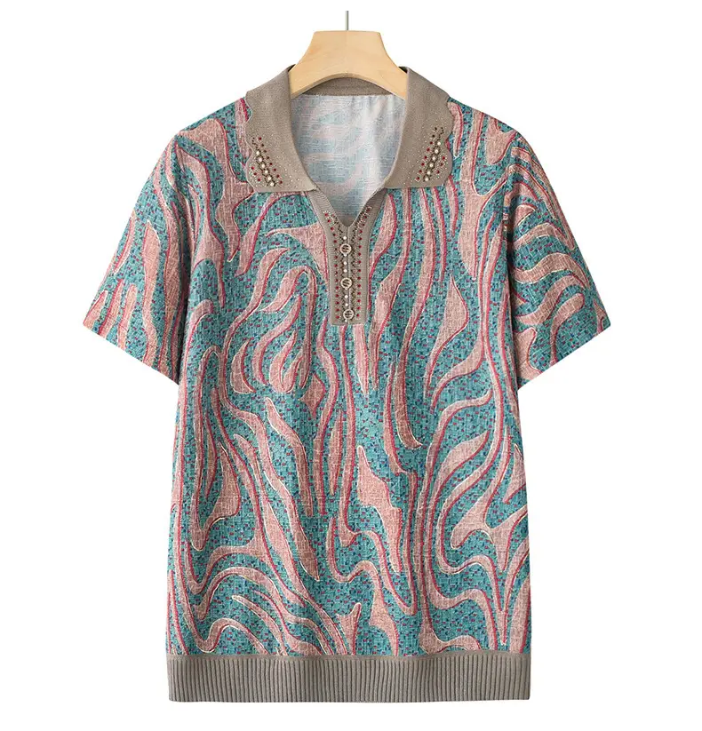 Middle-aged Elderly Summer T-shirt Knitted Green Leaf Pattern Black Pants — feature 18