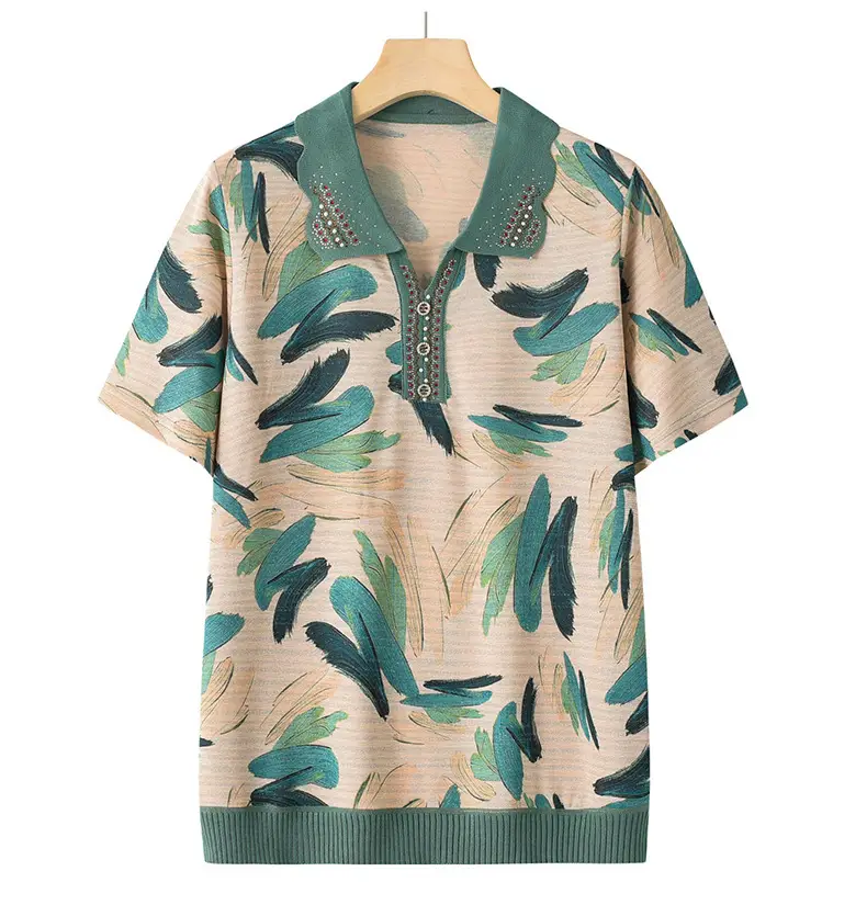 Middle-aged Elderly Summer T-shirt Knitted Green Leaf Pattern Black Pants — feature 19