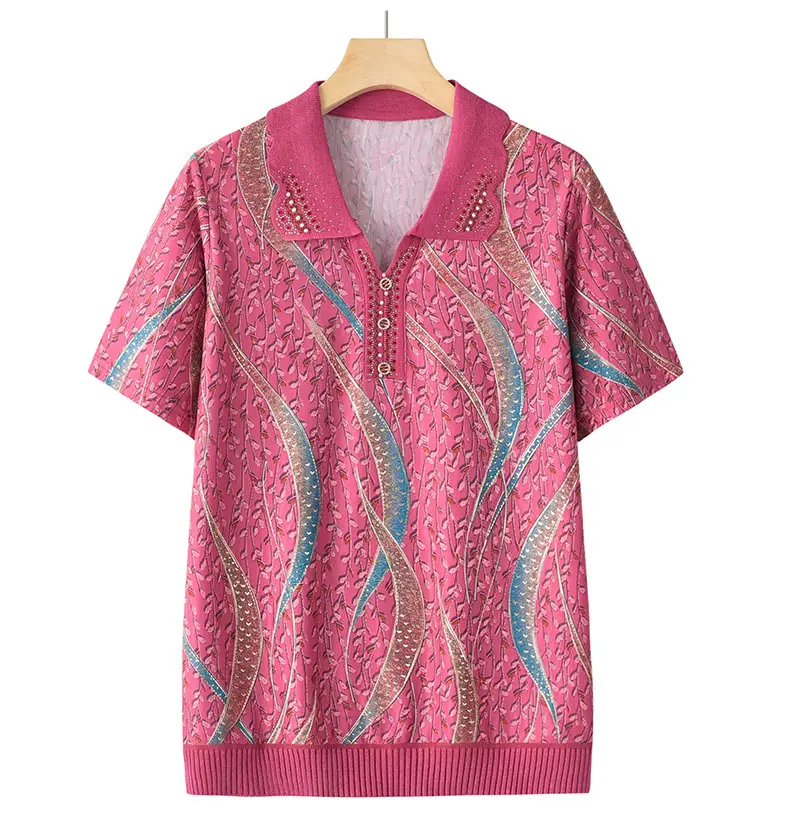 Middle-aged Elderly Summer T-shirt Knitted Green Leaf Pattern Black Pants — feature 20