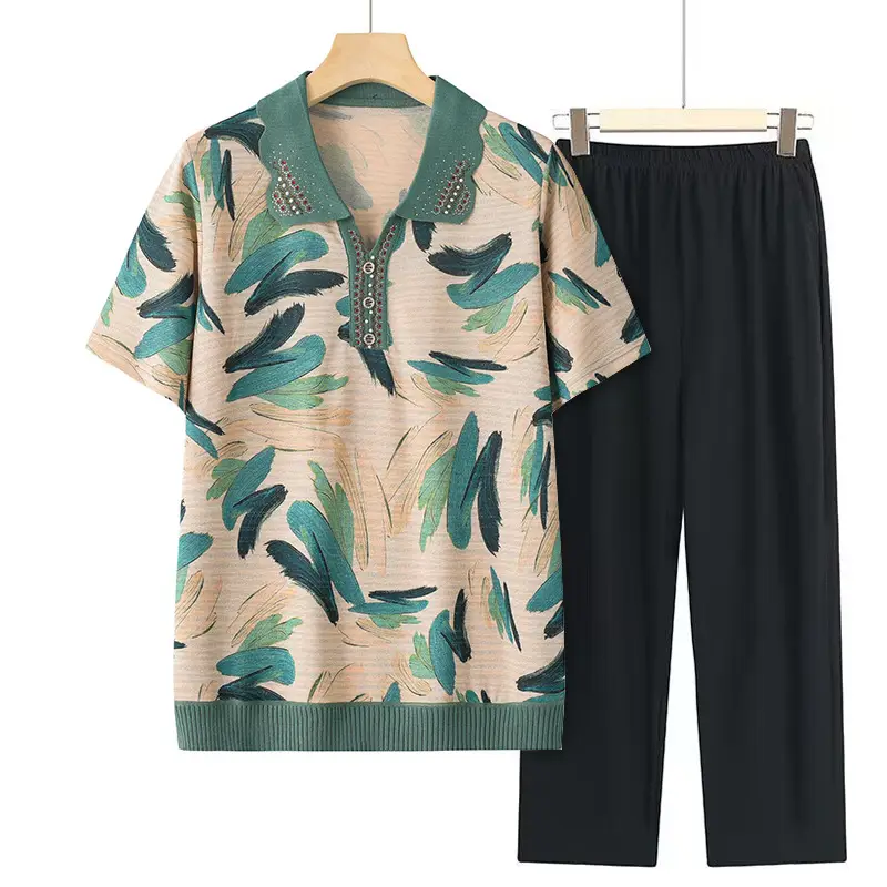 Middle-aged Elderly Summer T-shirt Knitted Green Leaf Pattern Black Pants - Image 11