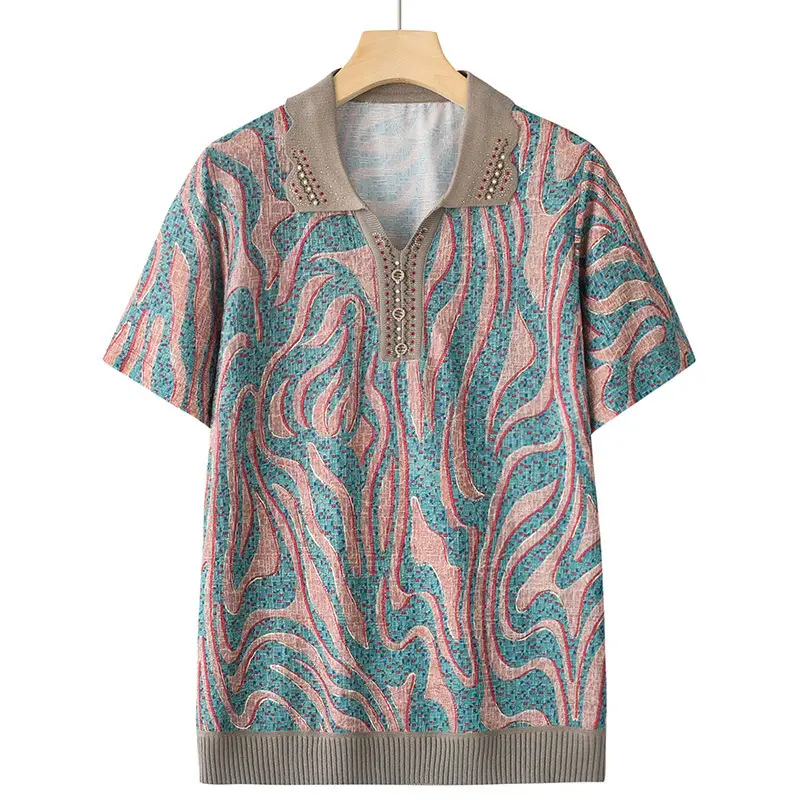 Middle-aged Elderly Summer T-shirt Knitted Green Leaf Pattern Black Pants - Image 4