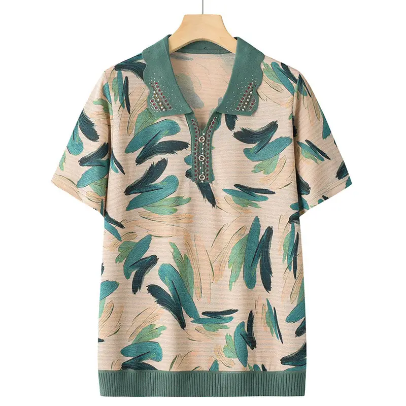 Middle-aged Elderly Summer T-shirt Knitted Green Leaf Pattern Black Pants - Image 5
