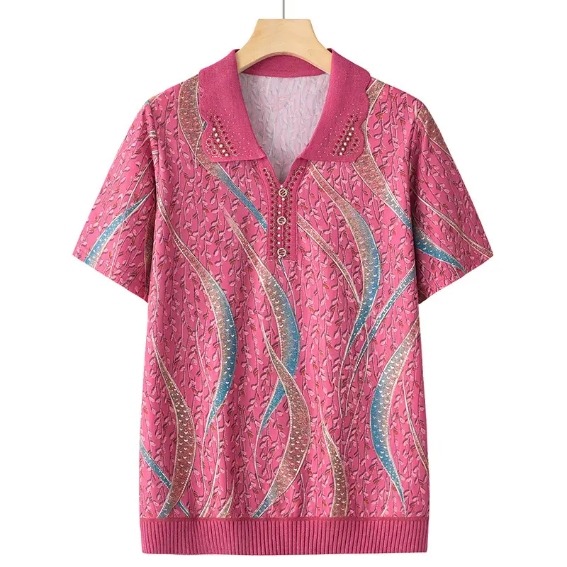 Middle-aged Elderly Summer T-shirt Knitted Green Leaf Pattern Black Pants - Image 6