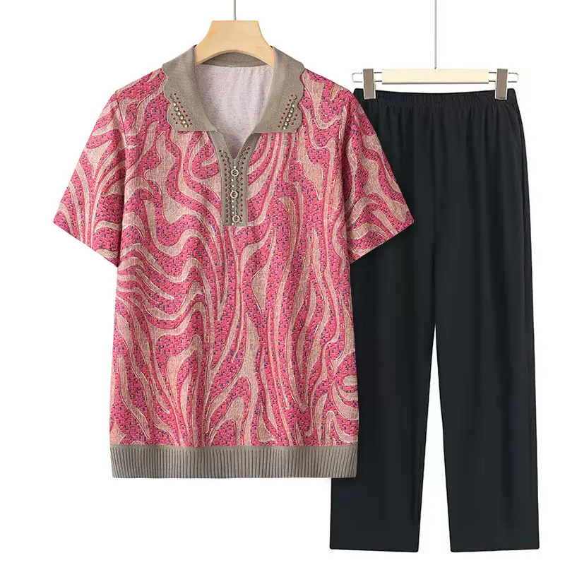 Middle-aged Elderly Summer T-shirt Knitted Green Leaf Pattern Black Pants - Image 7