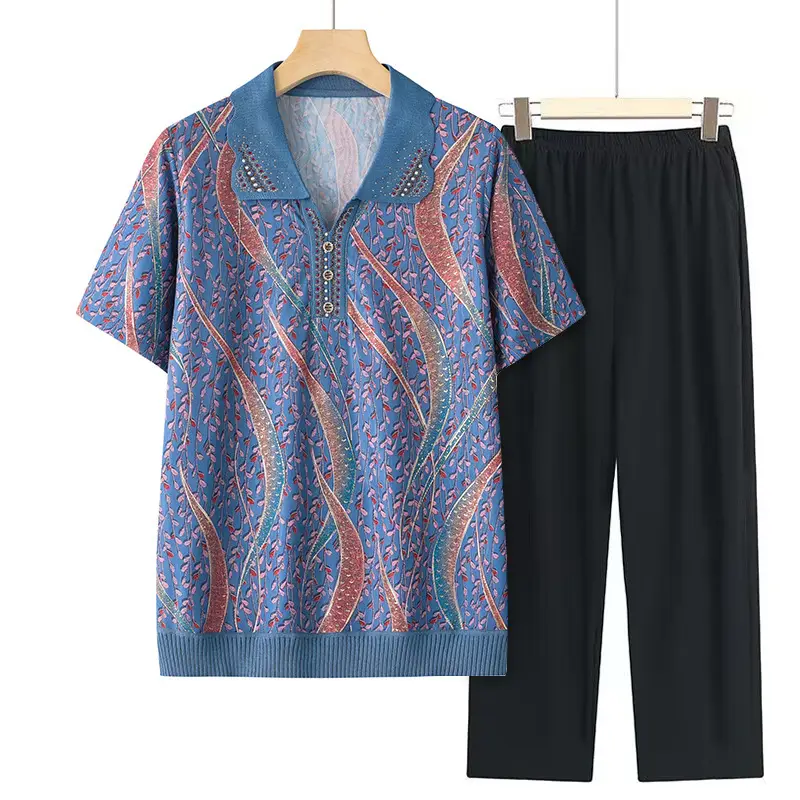 Middle-aged Elderly Summer T-shirt Knitted Green Leaf Pattern Black Pants - Image 8
