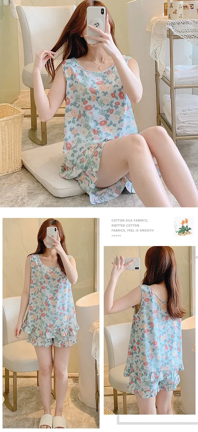 Summer Sleeveless Vest Cotton Silk Pure Pajamas Short-sleeved Two-piece Suit Women's Summer Ruffled Thin Artificial Cotton Home Clothes — feature 13