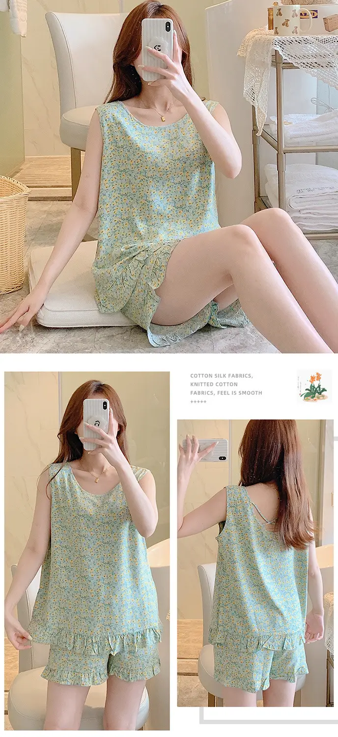 Summer Sleeveless Vest Cotton Silk Pure Pajamas Short-sleeved Two-piece Suit Women's Summer Ruffled Thin Artificial Cotton Home Clothes — feature 15