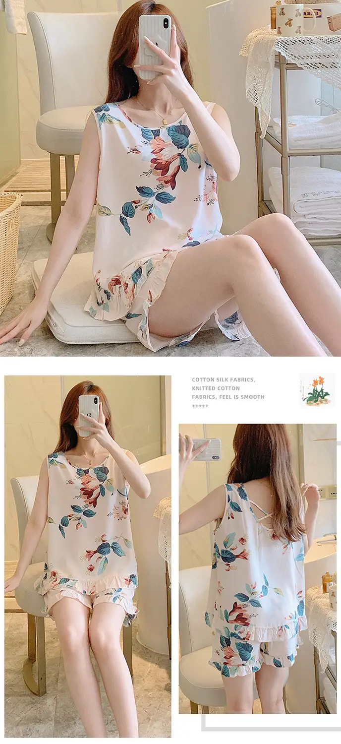 Summer Sleeveless Vest Cotton Silk Pure Pajamas Short-sleeved Two-piece Suit Women's Summer Ruffled Thin Artificial Cotton Home Clothes — feature 16