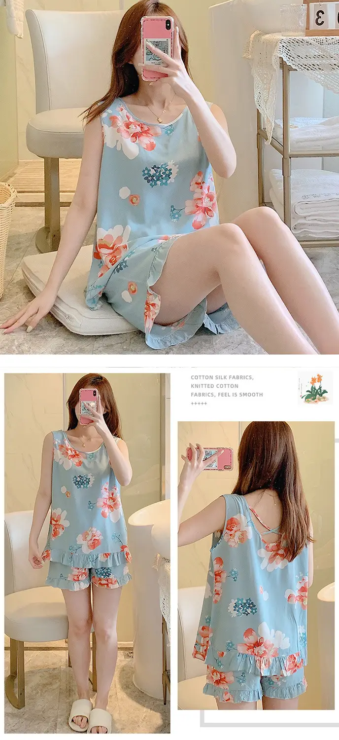 Summer Sleeveless Vest Cotton Silk Pure Pajamas Short-sleeved Two-piece Suit Women's Summer Ruffled Thin Artificial Cotton Home Clothes — feature 2