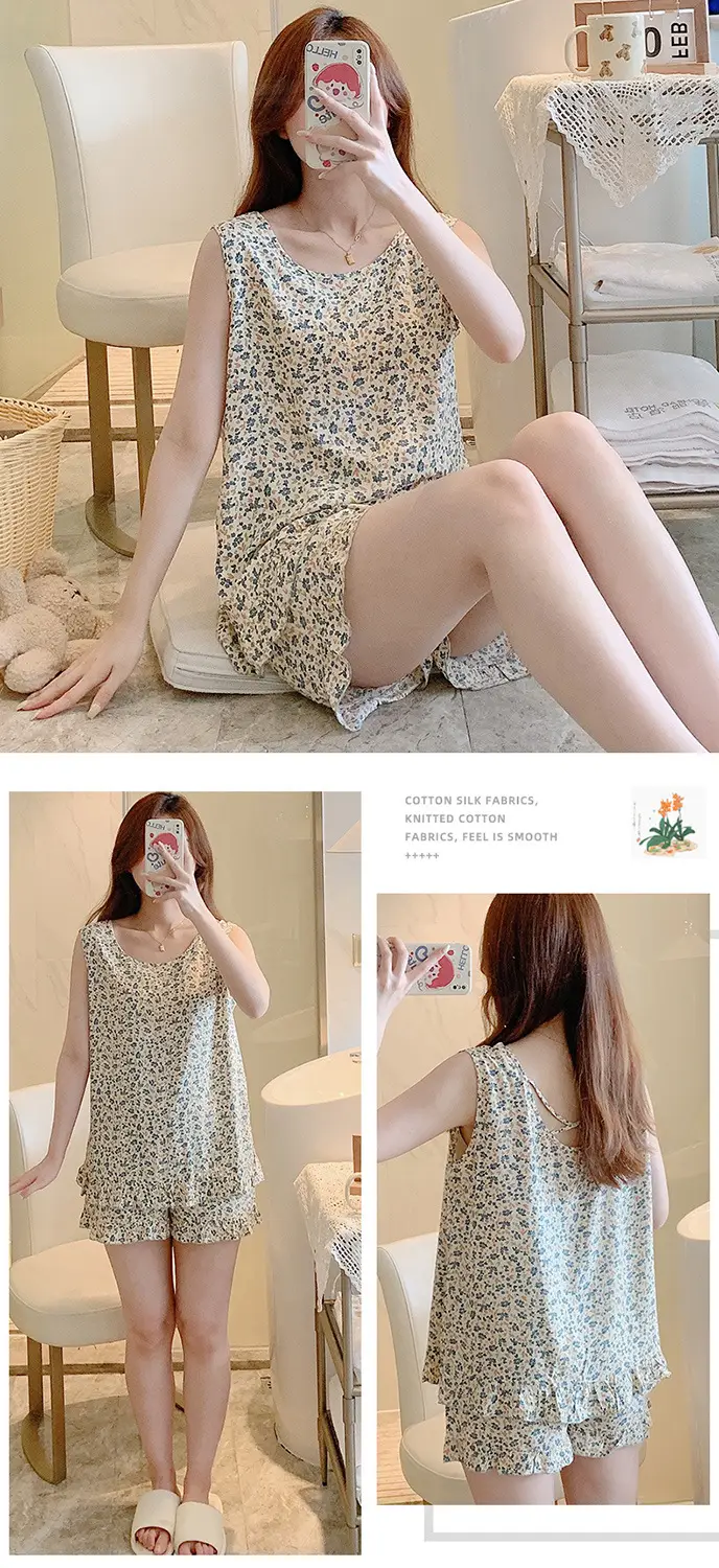 Summer Sleeveless Vest Cotton Silk Pure Pajamas Short-sleeved Two-piece Suit Women's Summer Ruffled Thin Artificial Cotton Home Clothes — feature 22