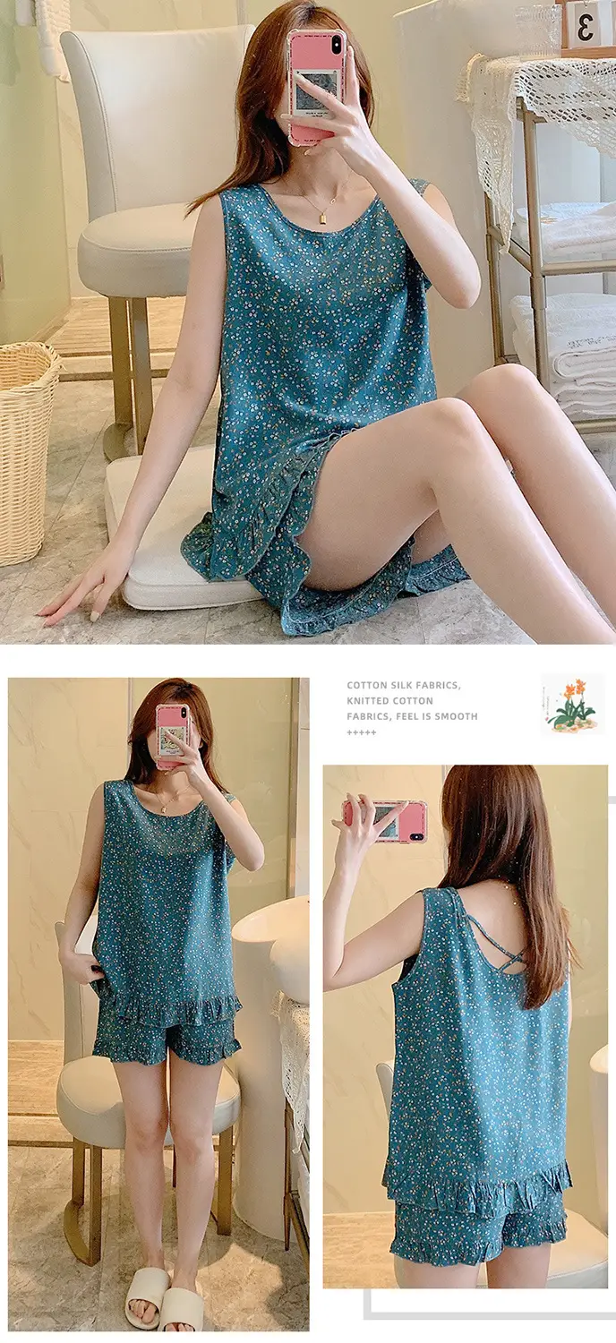 Summer Sleeveless Vest Cotton Silk Pure Pajamas Short-sleeved Two-piece Suit Women's Summer Ruffled Thin Artificial Cotton Home Clothes — feature 26