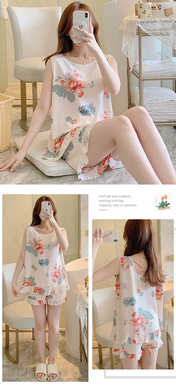 Summer Sleeveless Vest Cotton Silk Pure Pajamas Short-sleeved Two-piece Suit Women's Summer Ruffled Thin Artificial Cotton Home Clothes — feature 6