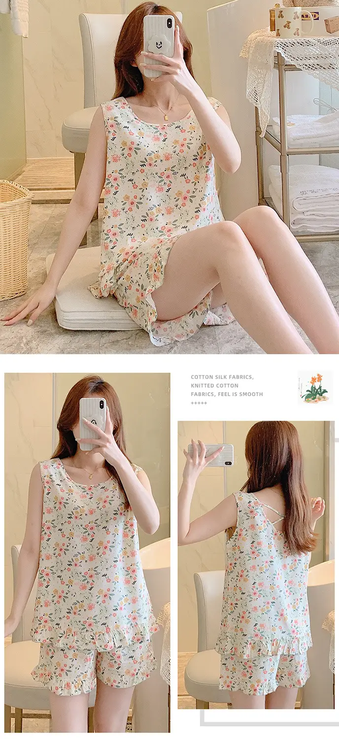 Summer Sleeveless Vest Cotton Silk Pure Pajamas Short-sleeved Two-piece Suit Women's Summer Ruffled Thin Artificial Cotton Home Clothes — feature 7