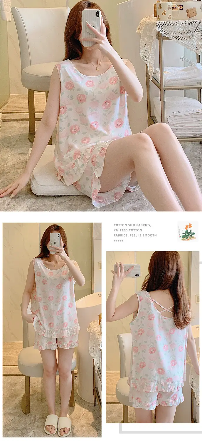 Summer Sleeveless Vest Cotton Silk Pure Pajamas Short-sleeved Two-piece Suit Women's Summer Ruffled Thin Artificial Cotton Home Clothes — feature 8