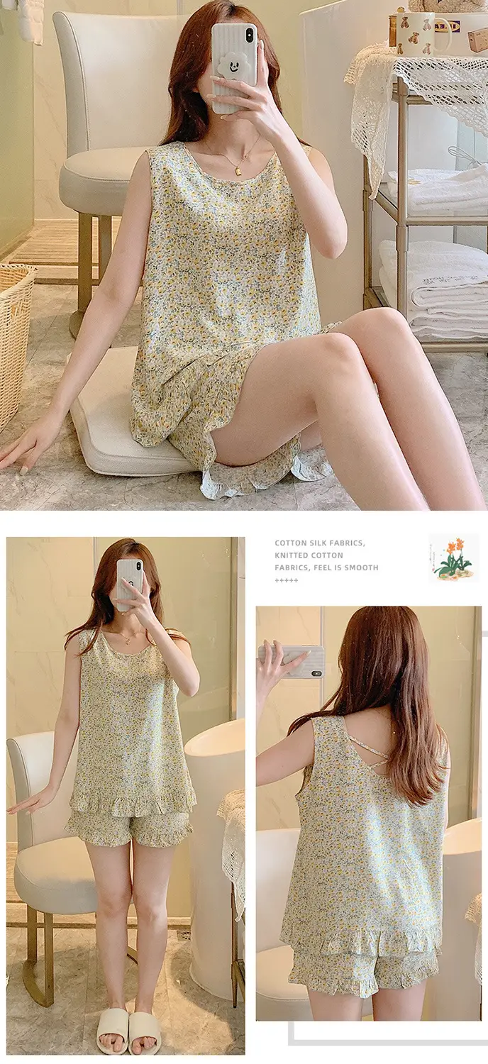 Summer Sleeveless Vest Cotton Silk Pure Pajamas Short-sleeved Two-piece Suit Women's Summer Ruffled Thin Artificial Cotton Home Clothes — feature 9