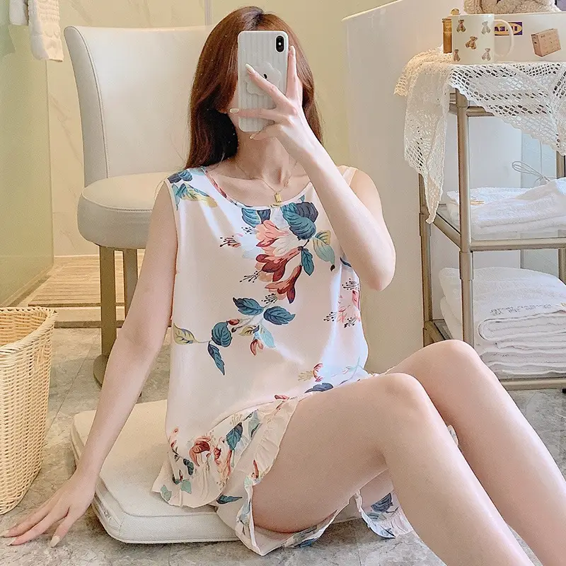 Summer Sleeveless Vest Cotton Silk Pure Pajamas Short-sleeved Two-piece Suit Women's Summer Ruffled Thin Artificial Cotton Home Clothes