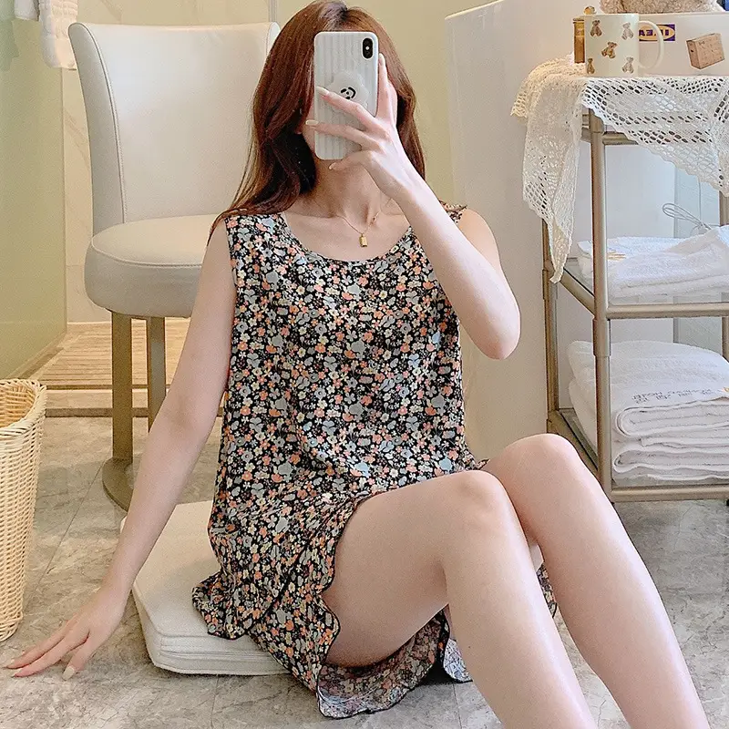 Summer Sleeveless Vest Cotton Silk Pure Pajamas Short-sleeved Two-piece Suit Women's Summer Ruffled Thin Artificial Cotton Home Clothes