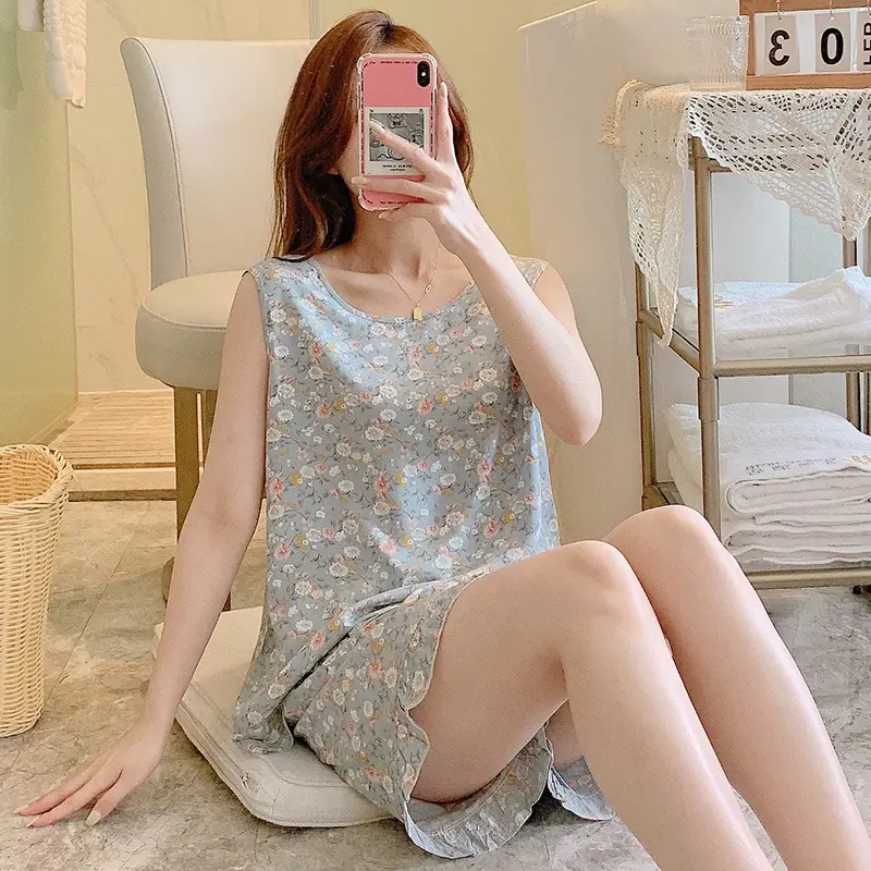 Summer Sleeveless Vest Cotton Silk Pure Pajamas Short-sleeved Two-piece Suit Women's Summer Ruffled Thin Artificial Cotton Home Clothes