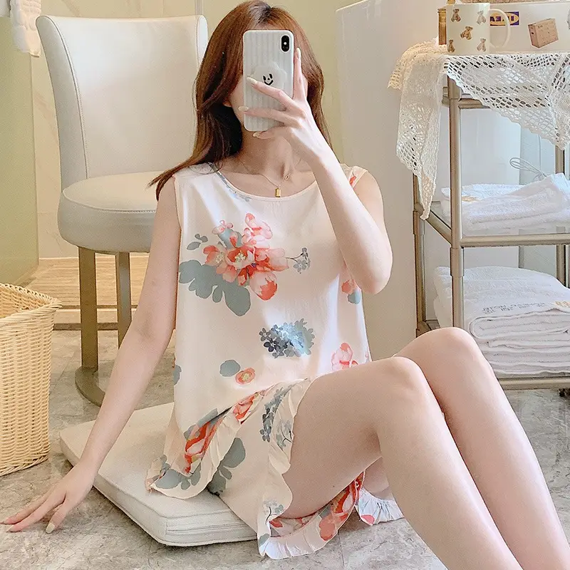 Summer Sleeveless Vest Cotton Silk Pure Pajamas Short-sleeved Two-piece Suit Women's Summer Ruffled Thin Artificial Cotton Home Clothes