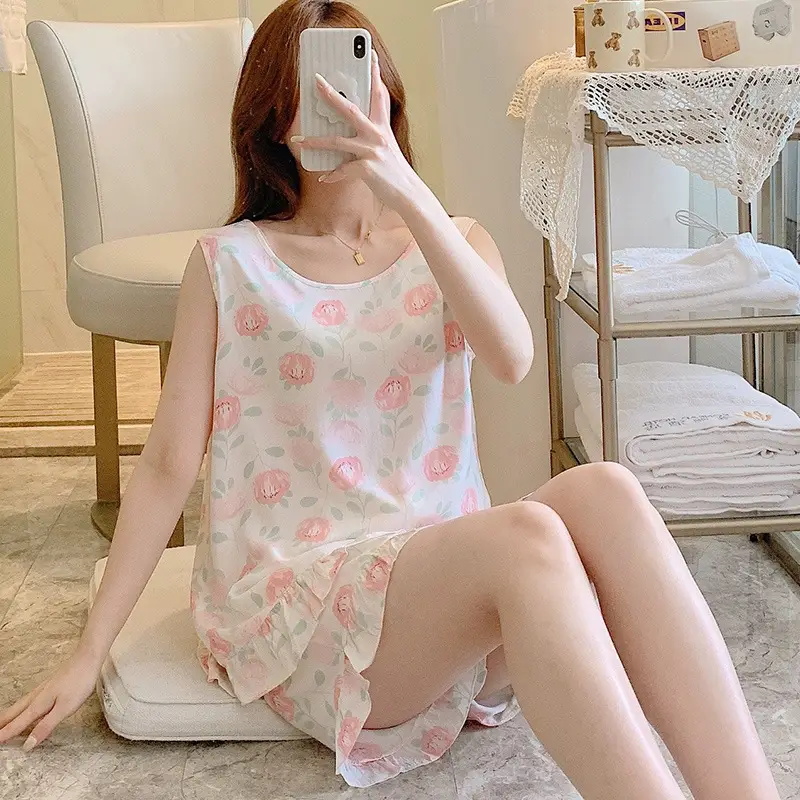 Summer Sleeveless Vest Cotton Silk Pure Pajamas Short-sleeved Two-piece Suit Women's Summer Ruffled Thin Artificial Cotton Home Clothes
