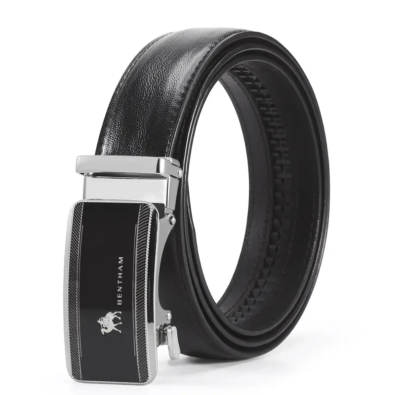 Men's Black Leather Belt with Silver Buckle