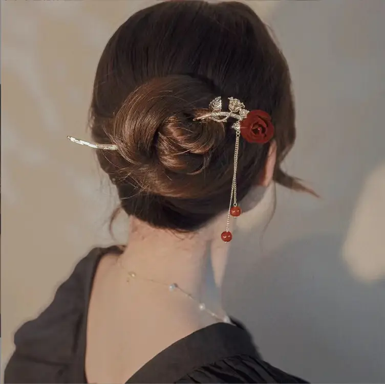 Elegant Rose Hairpin with Red Beads and Chain