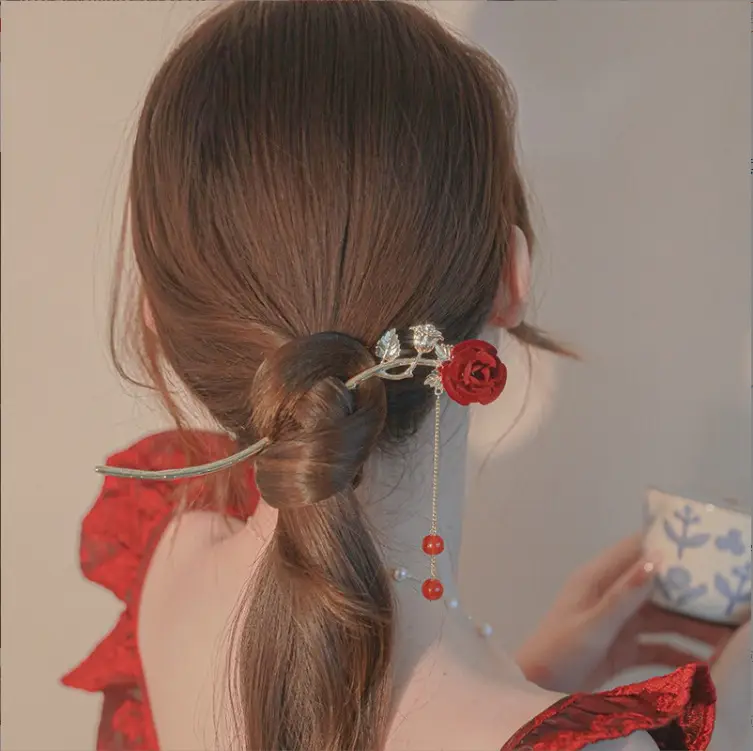 Elegant Rose Hairpin with Red Beads and Chain