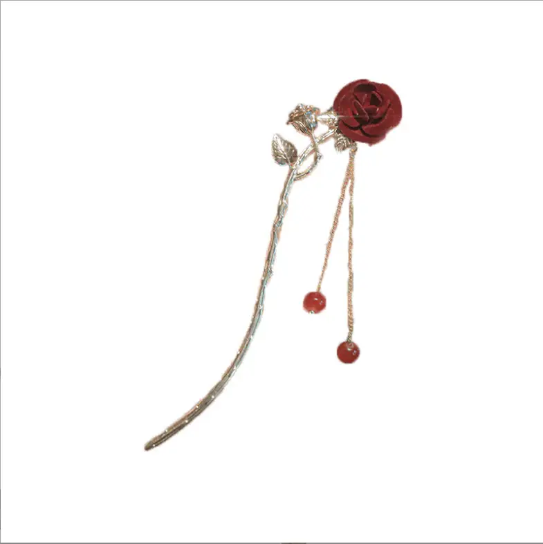 Elegant Rose Hairpin with Red Beads and Chain