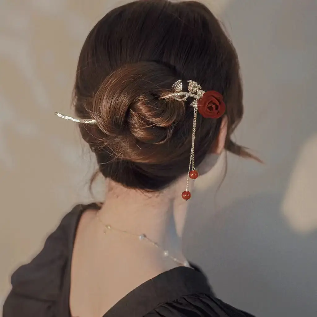 Elegant Rose Hairpin with Red Beads and Chain — feature 10