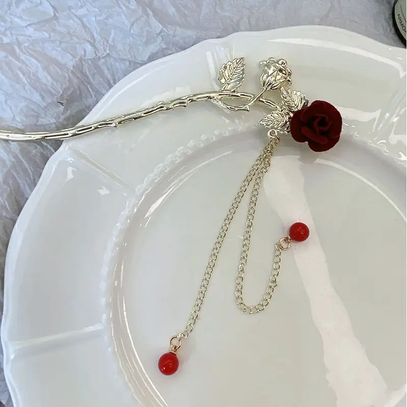Elegant Rose Hairpin with Red Beads and Chain — feature 2