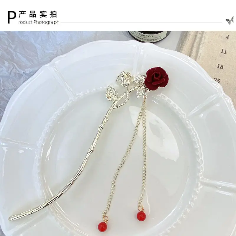 Elegant Rose Hairpin with Red Beads and Chain — feature 3
