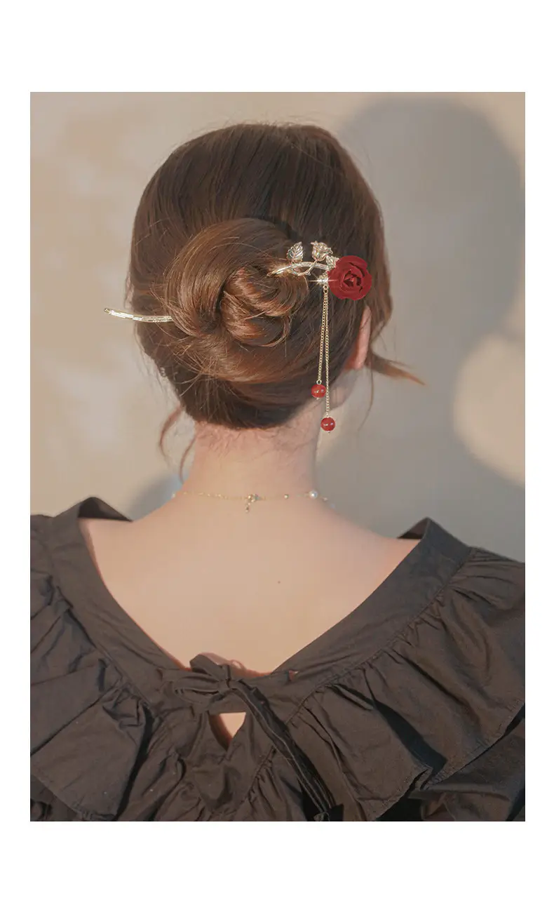 Elegant Rose Hairpin with Red Beads and Chain — feature 4
