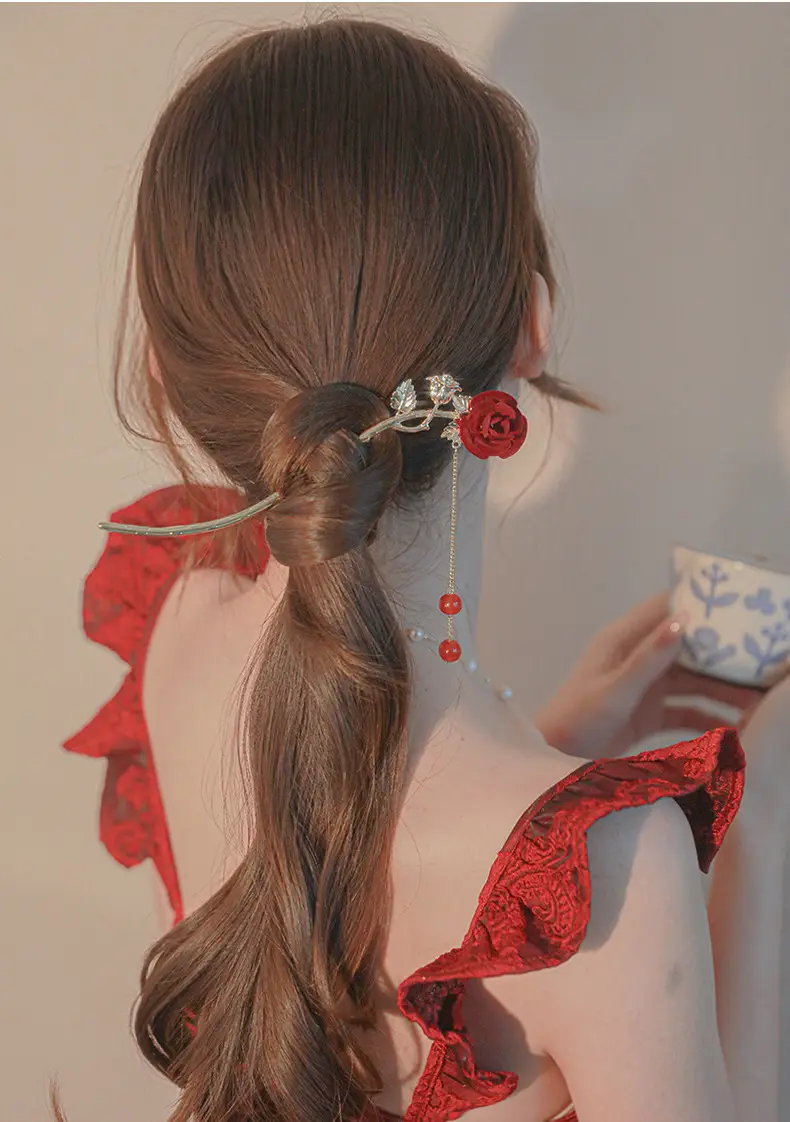 Elegant Rose Hairpin with Red Beads and Chain — feature 5