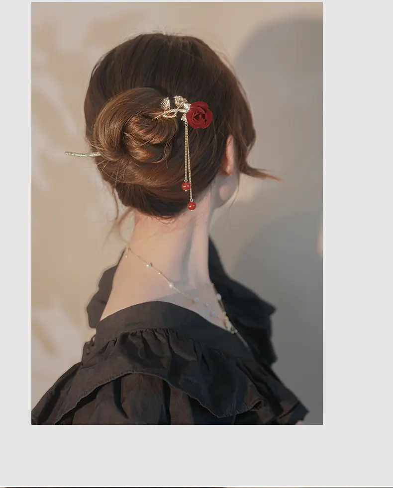Elegant Rose Hairpin with Red Beads and Chain — feature 7