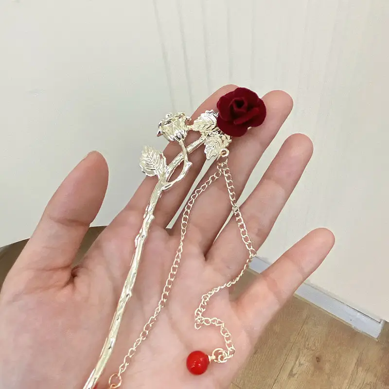 Elegant Rose Hairpin with Red Beads and Chain — feature 8