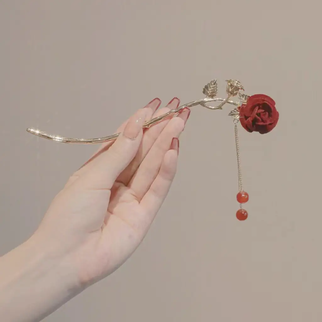 Elegant Rose Hairpin with Red Beads and Chain — feature 9