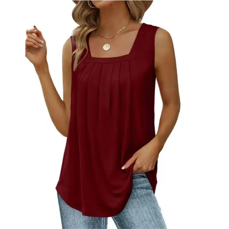 2023 Green Pleated U-Neck Vest T-Shirt - Image 7
