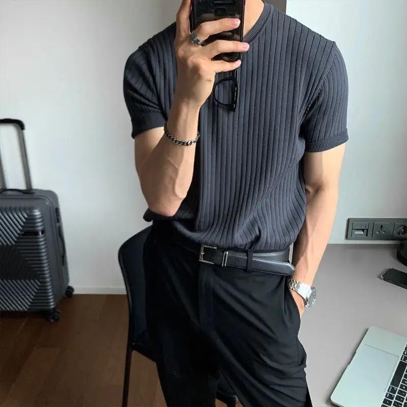 Men Ice Silk Slim Fit T-Shirt Black - Image 7