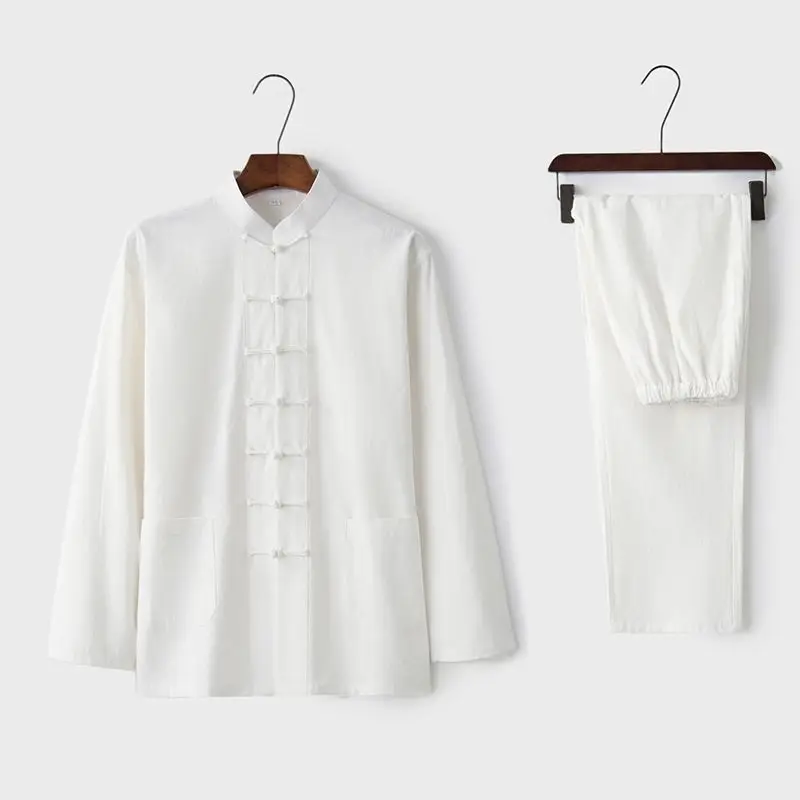 White Tang Suit for Men Loose Cotton Linen Long Sleeve Trousers - Image 7