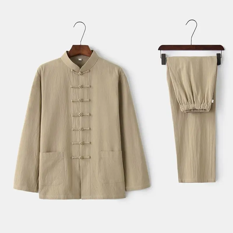 White Tang Suit for Men Loose Cotton Linen Long Sleeve Trousers - Image 8