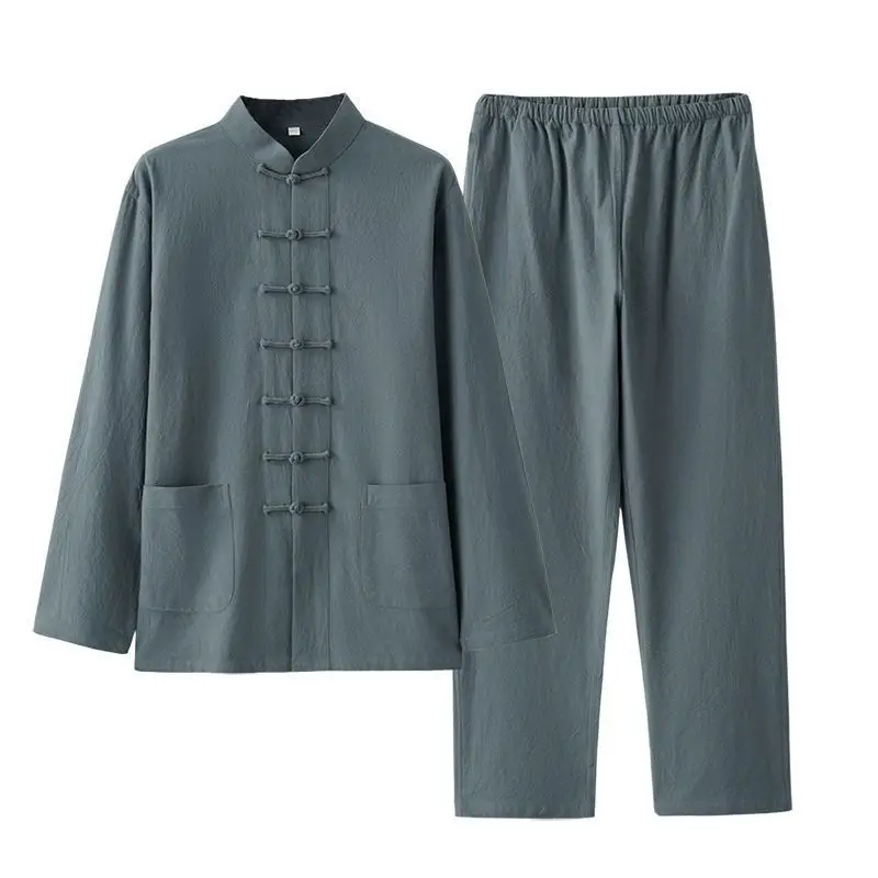 White Tang Suit for Men Loose Cotton Linen Long Sleeve Trousers - Image 9