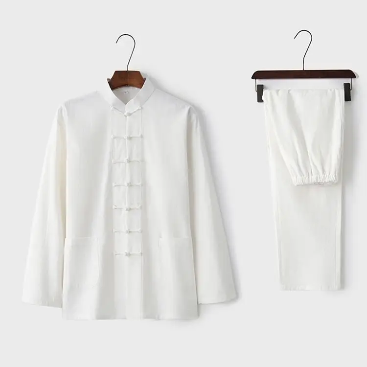 White Tang Suit for Men Loose Cotton Linen Long Sleeve Trousers — feature 23