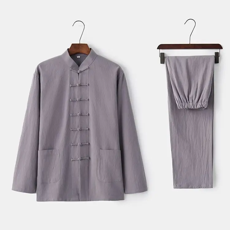 White Tang Suit for Men Loose Cotton Linen Long Sleeve Trousers — feature 31