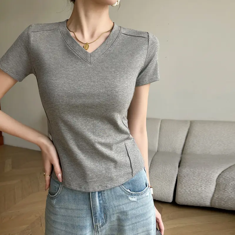 Women V Neck Short Sleeve T-Shirt White