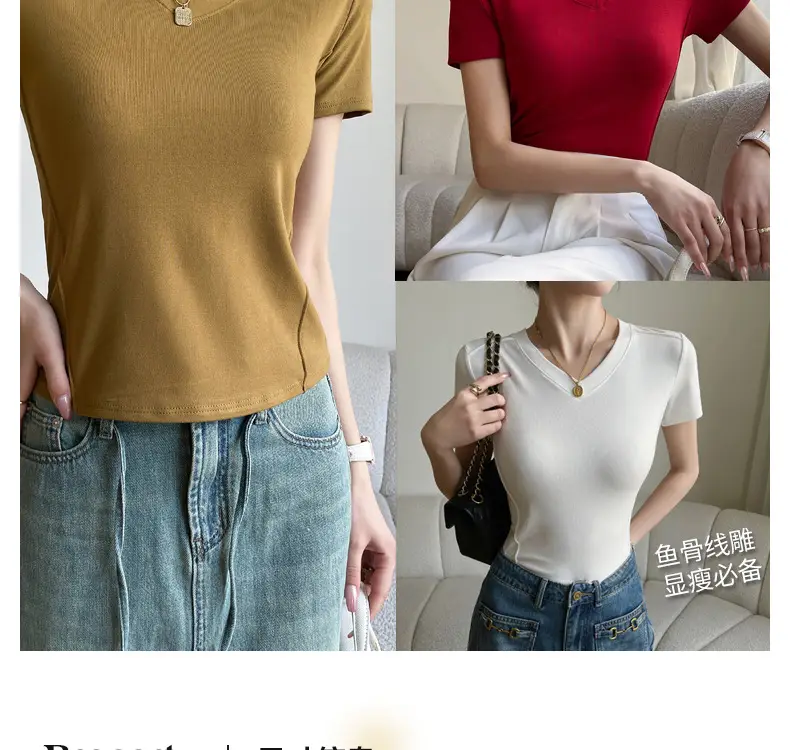 Women V Neck Short Sleeve T-Shirt White — feature 11