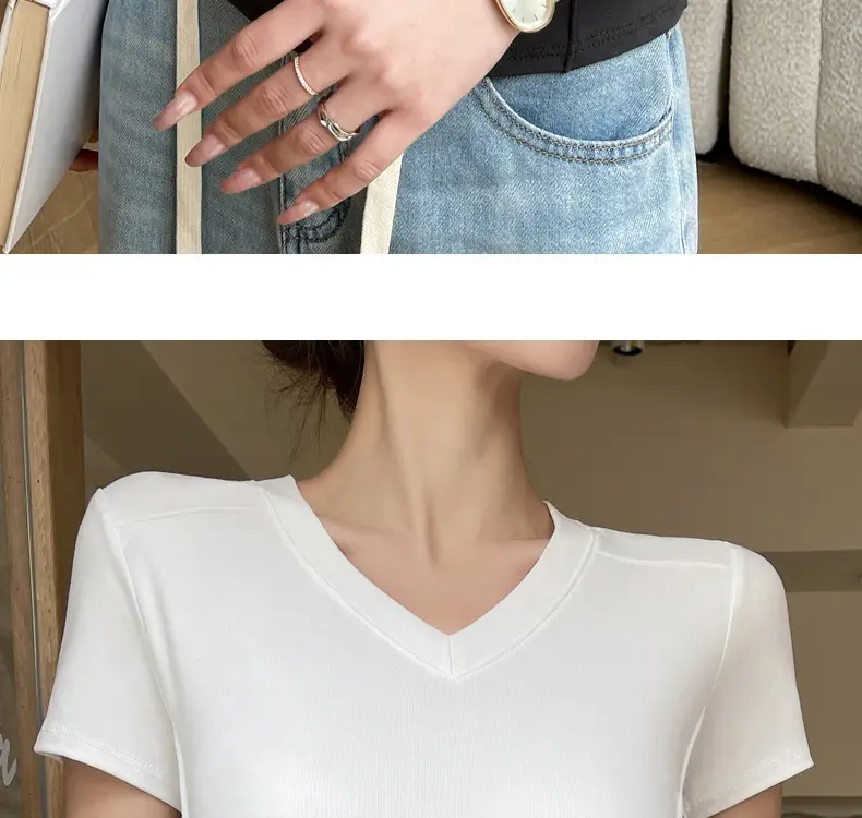 Women V Neck Short Sleeve T-Shirt White — feature 14