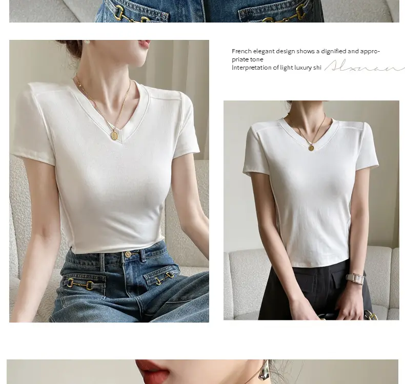 Women V Neck Short Sleeve T-Shirt White — feature 21