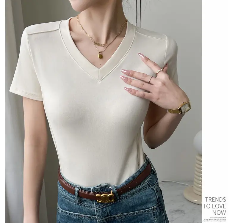 Women V Neck Short Sleeve T-Shirt White — feature 25